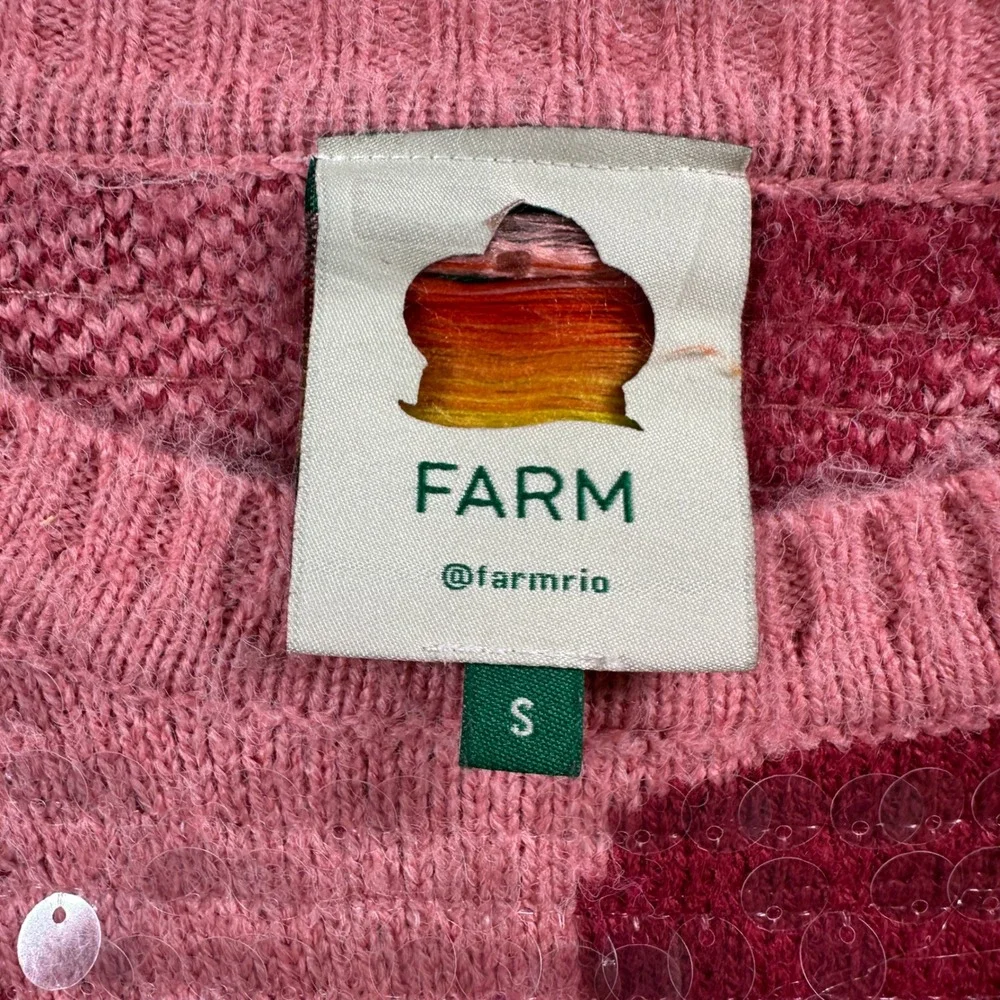 Farm Rio Sequin Hearts Knit‎ Sweater Small Pink Red Wool Blend Love Puff Sleeves